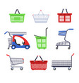 shopping supermarket carts or trolleys and baskets vector image vector image