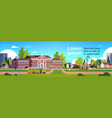 yellow bus in front of school building pupils vector image