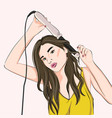 woman curling hair with curling iron or flat iron vector image