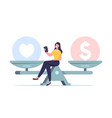 female character sit on huge scales choose between vector image