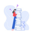 puzzled and pensive woman with stack folders vector image