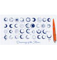 doodles with the moon on lined paper background vector image