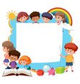 Empty Wooden Frame With Student Kids Cartoon Vector Image