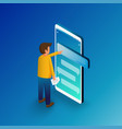 isometric man typing on mobile smartphone sms vector image vector image