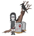 little ghost girl with gravestone and crow vector image