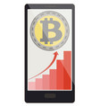 bitcoin coin with growth graph on a phone screen vector image