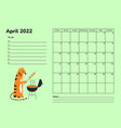 horizontal planner 2022 with tiger april calendar vector image vector image