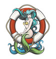 pretty mermaid with lifebuoy tattoo vector image