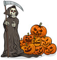 cartoon grim reaper and pile of halloween pumpkins vector image