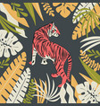 hand drawn tiger with exotic tropical leaves flat vector image