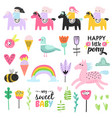 childish doodle with cute girls ponies and birds vector image