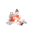 sewing machine woman fabric textile vector image