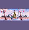 girl mother on christmas ice rink with fir tree vector image vector image
