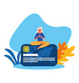 woman avatar with smartphone on credit card vector image