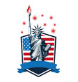 liberty statue with covid19 particles in shield vector image