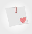 white paper note with clip and red heart vector image vector image