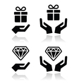 hands with present and diamond icons set vector image