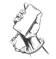 hand handcuffed to a smartphone with a broken vector image