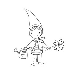 cute little gnome with clover and watering vector image
