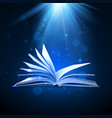 open magic book on blue background fantasy light vector image