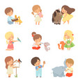 cute little kids feeding animals set adorable vector image