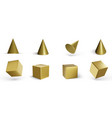 set of golden geometric cubes and cones isolated vector image