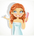 beautiful young blond woman puts wet hair styling vector image vector image