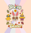 easter card with groovy rabbit face and chicks vector image