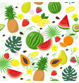 summer fruits set and tropical leaves seamless vector image