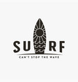 ocean surf logo design surfing board sun and wave vector image