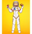 pop art spacewoman holds food burger vector image