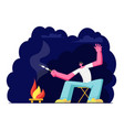 man at campfire night and frying marshmallow vector image