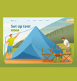 young people at camping set up tents and prepare vector image vector image