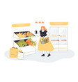 funny woman with shopping basket choosing fruits vector image