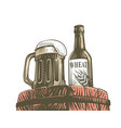 beer mug with bottle on old barrel sketch vector image vector image