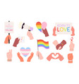 hands hold rainbow flags hearts lgbt symbol vector image