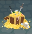 treasure chest with golden coins skull and swords vector image