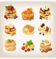 set of tasty pancake dishes served for breakfast vector image vector image