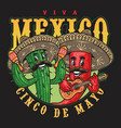 cactus and chili pepper in sombreros vector image