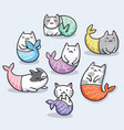 set of cute kawaii cat mermaid vector image