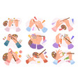 set of hands holding paintbrushes painting vibrant vector image