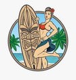 vintage surfing t-shirt design with a pin up girl vector image