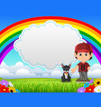 cute boy with dog in the park on rainbow day vector image