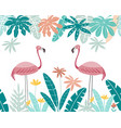 cute pink flamingos with frame of tropical leaves vector image