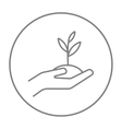 hands holding seedling in soil line icon vector image