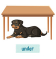 Preposition wordcard with dog under table Vector Image