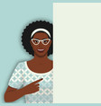 smiling retro black woman points at blank poster vector image vector image