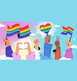 flat hands holding rainbow flags symbol of lgbt vector image vector image