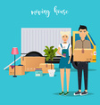 young couple moving moving truck and cardboard vector image vector image