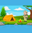 cartoon scout with tent and fire vector image